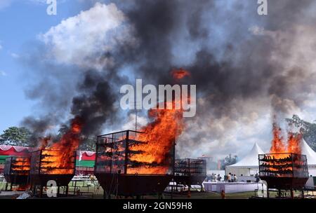 Bokakhat, Assam, IndienDie Regierung Assam verbrannte am 22. September 2021 in Bokakhat, Assam, Indien, Nashornhörner in einem Stadion in der Nähe des Kaziranga-Nationalparks. Die Regierung von Assam verbrannte 2,467 Hörner, die hauptsächlich aus dem illegalen Handel beschlagnahmt und in Schatzkammern des Staates Assam gelagert wurden. Die Verbrennung von Nashornhörnern in Assam wurde öffentlich durchgeführt, um einen Meilenstein in Richtung Nashornschutz zu markieren. Foto: David Talukdar/ Alamy Live News Stockfoto