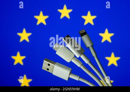 EU-Flagge und verschiedene Ladekabel wie USB, USB-C, Micro-USB, Lightning-Kabel. Konzept für die neue EU-Gesetzgebung für universelle Ladekabel. Stockfoto