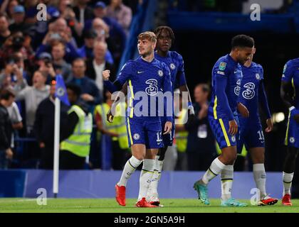 Stamford Bridge, Chelsea, London, Großbritannien. September 2021. EFL Cup Football, Chelsea gegen Aston Villa; Timo Werner von Chelsea feiert nach dem 1. Tor seiner Mannschaften in der 54. Minute, um es 1-0 zu erreichen.Kredit: Action Plus Sports/Alamy Live News Stockfoto