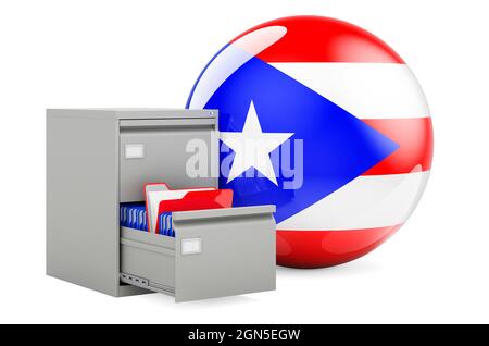 Datenbank in Puerto Rico, Konzept. Ordner im Aktenschrank mit Puerto-ricanischer Flagge, 3D-Darstellung isoliert auf weißem Hintergrund Stockfoto