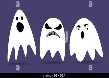 Niedliche Halloween Geister. Verängstigte lustige Geist mit verschiedenen Emotionen. Satz von Symbolen, die auf einem violetten Hintergrund isoliert sind. Cartoon Vektorgrafik. Stock Vektor