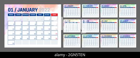 Farbenfrohes 2022 Kalender Design mit verschiedenen Farben für jeden Monat Stock Vektor