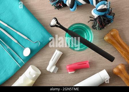 Professionelle Tierarzneimittel und Zubehör zur Reinigung von Eckzähnen auf Holztisch. Draufsicht. Horizontale Zusammensetzung. Stockfoto