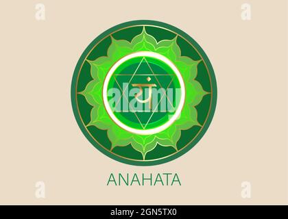 Anahata Viertes Chakra mit dem Hindu-Sanskrit-Samenmantra VAM. Grün ist ein flaches Design-Symbol für Meditation, Yoga. Vorlage für rundes Logo Vektor Stock Vektor
