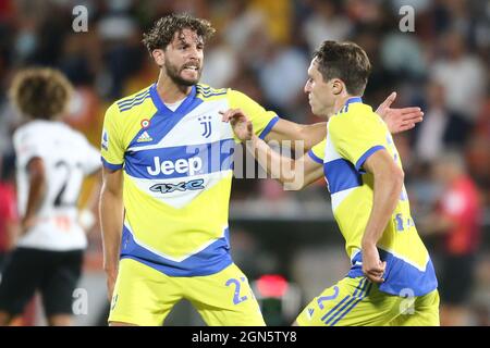 Juventus' italienischer Stürmer Federico Chiesa feiert am 22 2021. September ein Tor beim Fußballspiel der Serie A zwischen Spezia und Juventus im Alberto Picco Stadium, La Spezia, Italien. Stockfoto