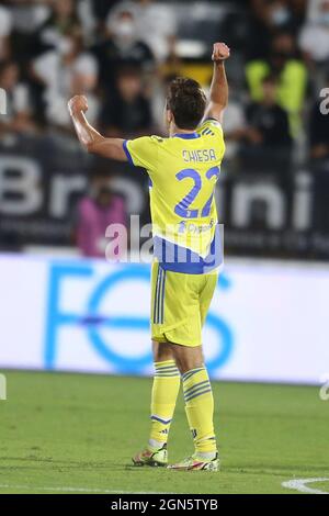 Juventus' italienischer Stürmer Federico Chiesa feiert am 22 2021. September ein Tor beim Fußballspiel der Serie A zwischen Spezia und Juventus im Alberto Picco Stadium, La Spezia, Italien. Stockfoto