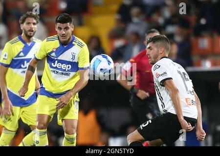 Juventus spanischer Stürmer Alvaro Morata schaut am 22 2021. September während des Fußballspiels der Serie A zwischen Spezia und Juventus im Alberto Picco Stadium, La Spezia, Italien. Stockfoto