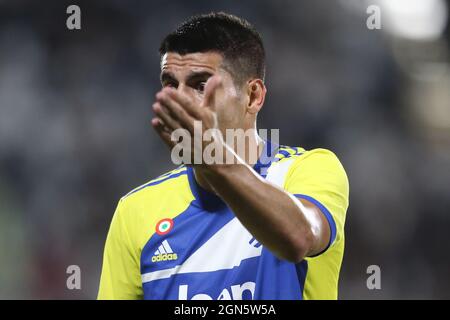 Juventus spanischer Stürmer Alvaro Morata gestikuliert während des Fußballspiels der Serie A zwischen Spezia und Juventus im Alberto Picco Stadium, La Spezia, Italien, am 22 2021. September. Stockfoto