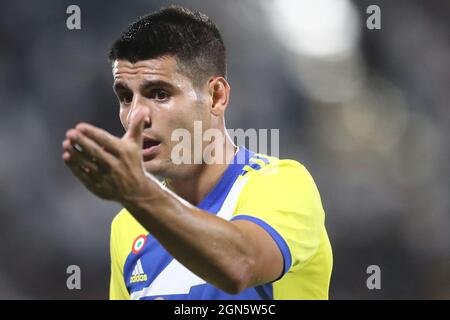 Juventus spanischer Stürmer Alvaro Morata gestikuliert während des Fußballspiels der Serie A zwischen Spezia und Juventus im Alberto Picco Stadium, La Spezia, Italien, am 22 2021. September. Stockfoto