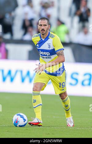 Juventus italienischer Verteidiger Leonardo Bonucci kontrolliert den Ball während des Fußballspiels der Serie A zwischen Spezia und Juventus im Alberto Picco Stadium, La Spezia, Italien, am 22 2021. September. Stockfoto