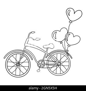 Fahrrad mit Luftballons Herzen. Vektorgrafik im Doodle-Stil isoliert auf weißem Hintergrund. Valentinstag für eine Postkarte oder ein Poster. Stock Vektor