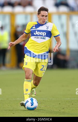 Juventus italienischer Stürmer Federico Chiesa kontrolliert den Ball während des Fußballspiels der Serie A zwischen Spezia und Juventus im Alberto Picco Stadium, La Spezia, Italien, am 22 2021. September. Stockfoto