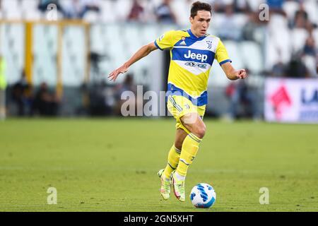 Juventus italienischer Stürmer Federico Chiesa kontrolliert den Ball während des Fußballspiels der Serie A zwischen Spezia und Juventus im Alberto Picco Stadium, La Spezia, Italien, am 22 2021. September. Stockfoto