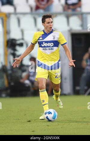 Juventus italienischer Stürmer Federico Chiesa kontrolliert den Ball während des Fußballspiels der Serie A zwischen Spezia und Juventus im Alberto Picco Stadium, La Spezia, Italien, am 22 2021. September. Stockfoto