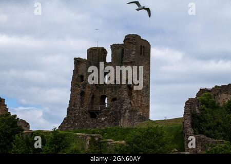 Scarbourough Castle ist eine ehemalige mittelalterliche königliche Festung, die auf einem felsigen Vorgebirge mit Blick auf die Nordsee an der englischen Küste liegt. Stockfoto