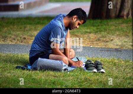 Chicago, Illinois, USA. Mann, der Informationen in einem Notizbuch aufzeichnet, während er sich in einem Park in der Nähe des Navy Pier entspannt. Stockfoto