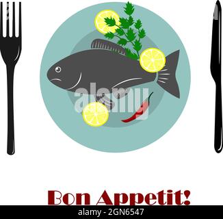 Teller mit Fisch, Zitrone und Petersilie. Draufsicht. Fertiggerichte auf dem Tisch. Vektorgrafik Stock Vektor