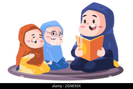 muslimische Frau mit Hijab Lehre heilige Buch alquran Koran mit Kindern moderne Cartoon flache Farbe Stil isoliert Vektor-Design Stock Vektor