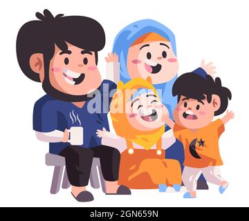 Muslimische Familie sitzt auf dem Sofa und lachen und scherzen im Wohnzimmer glücklich lächelnd Islam moderne flache Farbe isoliert Vektor-Design Stock Vektor