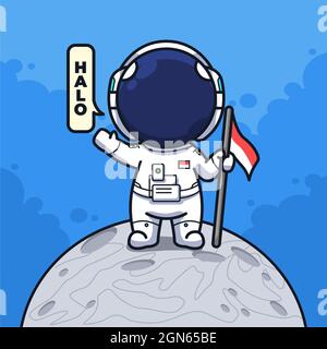 Indonesischer kleiner Astronaut hält Flagge und grüßt den Mond im niedlichen Linienkunst-Stil Stockfoto