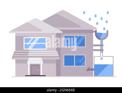 Das Haus anwenden hydrologisches System Ernte Wasser regen in einem Tank zu recyceln zu Hause leben reduzieren mit Bodenwasser moderne flache Farbe Stock Vektor