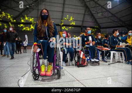 Maria Angelica Bernal Paralympische Athletin bei einer Begrüßung der kolumbianischen Paralympischen Athleten, die am 21. September 2021 an den 2020+1-Paralympics in Tokio in Bogota, Kolumbien, teilgenommen haben. Stockfoto