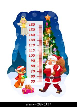 Kinder-Höhendiagramm, Weihnachtsmann mit Geschenktüte Wachstumsmeter. Vektor-Wand-Aufkleber für Kinder Höhenmessung mit Comic-Figuren Engel, Weihnachtsmann und niedlichen Fuchs in der Nähe dekorierten Weihnachtsbaum und Skala Stock Vektor