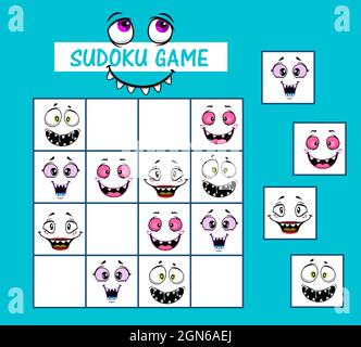 Sudoku Kinder Spiel Vektor Rätsel mit Cartoon lustige Gesichter und Monster Maulkörbe an Bord. Kinder Logik Rätsel, pädagogische Aufgabe, Schule oder Vorschulaktivität, Freizeit Erholung, Brettspiel mit Karten Stock Vektor