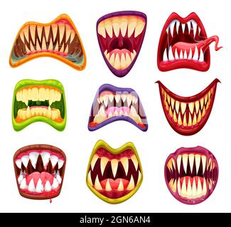 Monster Mund und Kiefer, Cartoon Zähne und Zungen, Vektor gruselige Halloween Gesichter. Monster lustige und Horror Lächeln Masken mit Vampirzähnen und Bestien Kiefer, Teufel oder Joker und gruseligen Clown grimmiges Lächeln Stock Vektor