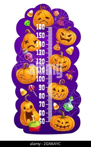 Kinder-Höhenkarte mit Halloween Kürbis Laternen, Vektor-Wachstum-Messgerät. Kinder Höhendiagramm oder Baby messen mit Halloween Cartoon Kürbis Monster und Trick oder behandeln Süßigkeiten mit Hexentrank Stock Vektor