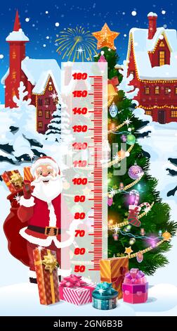Kinder Höhendiagramm, Cartoon Weihnachten, Weihnachtsmann und Weihnachten Geschenke, Vektor Winter Hintergrund. Kinder-Höhendiagramm oder Baby-Maßskala mit Weihnachtsbaum auf Schnee und Weihnachtsmann mit Weihnachtsgeschenken Stock Vektor
