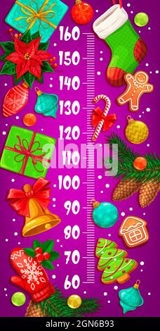 Weihnachts-Kinder-Höhenkarte mit Geschenken, Weihnachtsstern, Stechbeere, Kiefer und Weihnachtskugeln. Vektor-Wachstumsmesser, Cartoon-Lineal, Wandaufkleber für Kinder Höhenmessung mit Skala und Geschenke Stock Vektor