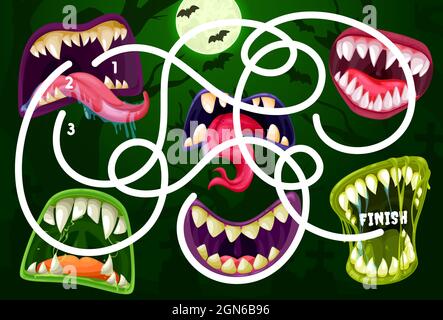 Kids Labyrinth-Spiel mit Monster Münder. Vektor Labyrinth Puzzle finden richtigen Weg Brettspiel. Aufgabe mit verworrener Bahn und toothy Maws. Pädagogische Kinder Rätsel, Familie oder Vorschulaktivität, Erholung Stock Vektor