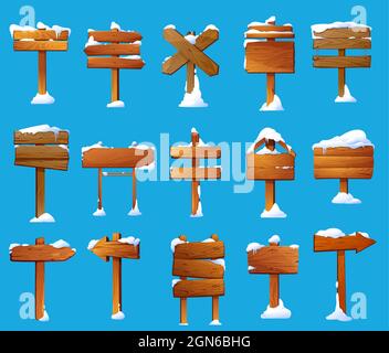 Holz Zeichen Pfosten mit Schnee Cartoon Vektor-Set. Winter Holzschilder, Wegweiser und Pfeilzeiger, Wegweiser und Plakatpfosten mit Schneekappen, Eis und Eiszapfen Stock Vektor