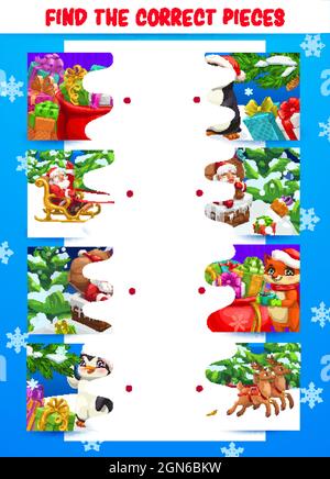 Kinder Weihnachten Puzzle-Spiel, finden richtige Stücke Aktivität für Kinder oder Kind pädagogischen Labyrinth mit Fragmenten Aufgabe vergleichen. Winter Urlaub Geschenke, Weihnachtsmann in Schlitten und Tiere Figuren Cartoon-Vektor Stock Vektor