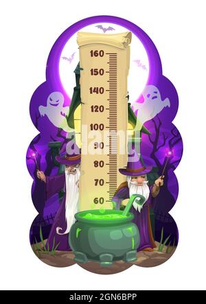 Halloween Kinder Höhendiagramm, Cartoon-Zauberer und Geister. Vector Growth Measure Wandaufkleber-Messgerät für Kinder Höhenmessung mit Zauberern Zeichen am Kessel in der Nähe von Spukhaus und Skala Stock Vektor