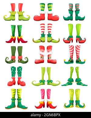 Füße von Weihnachtself, Kobold, Gnom, Fee und Zwerg mit Cartoon-Vektor-Schuhe oder lustige Stiefel mit Glocken, gestreiften Socken, Strümpfen und Schnallen. Weihnachten Urlaub und Märchen Spiel Benutzeroberfläche Design Stock Vektor