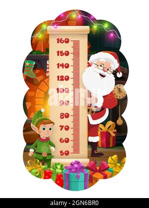 Weihnachten Kinder Höhendiagramm, Weihnachtsmann und Elf mit Geschenken Wachstum Maß Meter. Vektor-Lineal Skala von Kindern Stadion auf Papier Rolle mit Cartoon Claus, Weihnachtslichter und Geschenke, Kamin, Strumpf Stock Vektor
