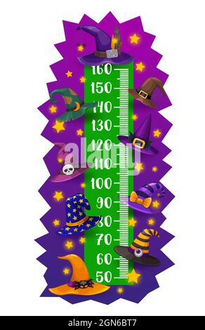 Kinder-Höhendiagramm, Halloween Hexe und Zauberer Hüte, Vektor-Wachstumsmesser. Kindergröße Maßstab oder Baby groß Lineal mit Halloween Hexe oder Hexer Hüte mit Schädel, Sterne und Zombie Augapfel Stock Vektor