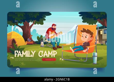 Banner für das Familienlager. Campingplatz mit Zelt, Van, Mann mit Gitarre und Junge im Stuhl. Vektor-Landing-Page mit Cartoon-Landschaft mit Bergen, grünen Bäumen, Gras und Touristen. Vater und Kind beim Picknick Stock Vektor