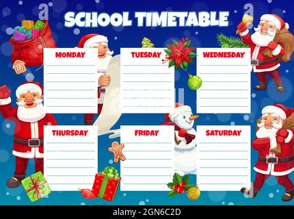 Kinder Weihnachtsschule Zeitplan mit Santa Zeichentrickfigur. Wochenplan für Kinder, Planner für Kinderklassen. Weihnachtsmann mit Sack, klingende Glocke und Leseswunschliste Cartoon-Vektor Stock Vektor
