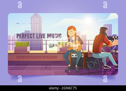 Perfekte Live-Musik Cartoon Landing Page. Sängerin Frau spielt Gitarre auf dem Dach des Gebäudes. Mädchen Künstler sitzen auf Dynamik singen Lied, Mann spielen Synthesizer begleiten musikalische Performance Vector Web Banner Stock Vektor