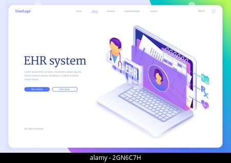 Banner des EHR-Systems. Online-Datenbank mit medizinischen Patientenberichten. Vektor-Landing-Page der elektronischen Krankenakte mit isometrischer Darstellung des Laptops mit Patientenprofil auf dem Bildschirm Stock Vektor