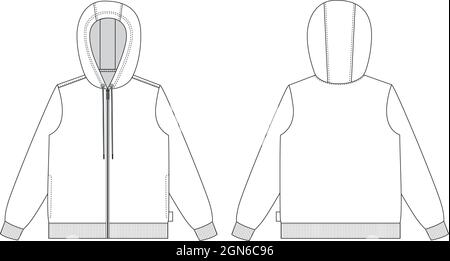 Langarm Hoodie mit Reißverschluss insgesamt Technische Mode Wohnungen Skizze Vektor Illustration Vorlage Vorder-und Rückseite Ansichten isoliert auf weißem Hintergrund Stock Vektor