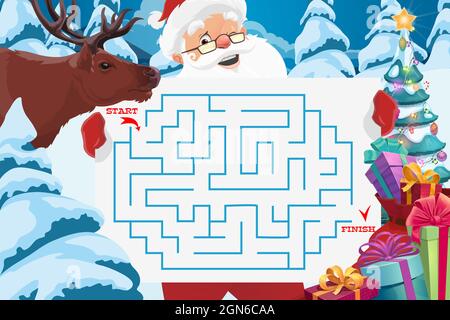 Santa mit Labyrinth oder Labyrinth Spiel Vektor-Vorlage von Kindern Bildung. Weihnachten Logik Puzzle oder Rätsel mit quadratischen Labyrinthkarte, helfen Rentiere finden Weg zu Weihnachtsbaum mit Geschenkboxen und Lichter Stock Vektor
