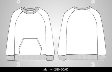 Langarm Sweatshirt mit Tasche insgesamt technische Mode flache Skizze Vektor Illustration Vorlage.Fleece Sweat Jersey Stoff Bekleidung Nachbildung. Stock Vektor