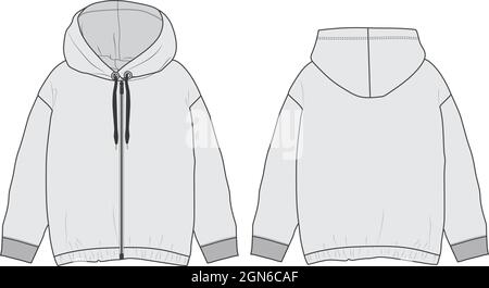 Langarm Hoodie Sweatjacke mit Reißverschluss insgesamt technische Mode flache Skizze Vorlage Vorder- und Rückseite Ansichten. Vektorgrafik flache Zeichnung. Stock Vektor