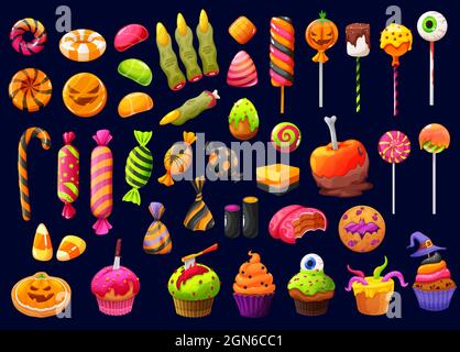 Halloween Cartoon Süßigkeiten und Lutscher mit Hexenfinger, Zuckermais und Kürbis Cupcakes, Vektor. Halloween Trick or Treat Süßigkeiten, Schokolade Schädel und Lakritzknochen, gruselige Kuchen und Kekse Stock Vektor