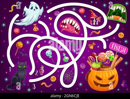 Kids Labyrinth-Spiel mit Halloween-Figuren und Monster Münder. Vektor Labyrinth Puzzle finden richtigen Weg Brettspiel. Aufgabe mit verwickelten Pfad, Kürbis, Geist. Kindererziehung Rätsel, Vorschulaktivitäten Stock Vektor