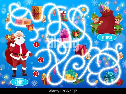 Kinder Weihnachten Labyrinth mit Weihnachtsmann und Geschenke. Kind Labyrinth Spiel, Kinder Pfadfinder spielen Aktivität, Urlaub pädagogische Labyrinth. Weihnachtsmann trägt Sack, geschenkboxen und Elfen Figuren Cartoon-Vektor Stock Vektor